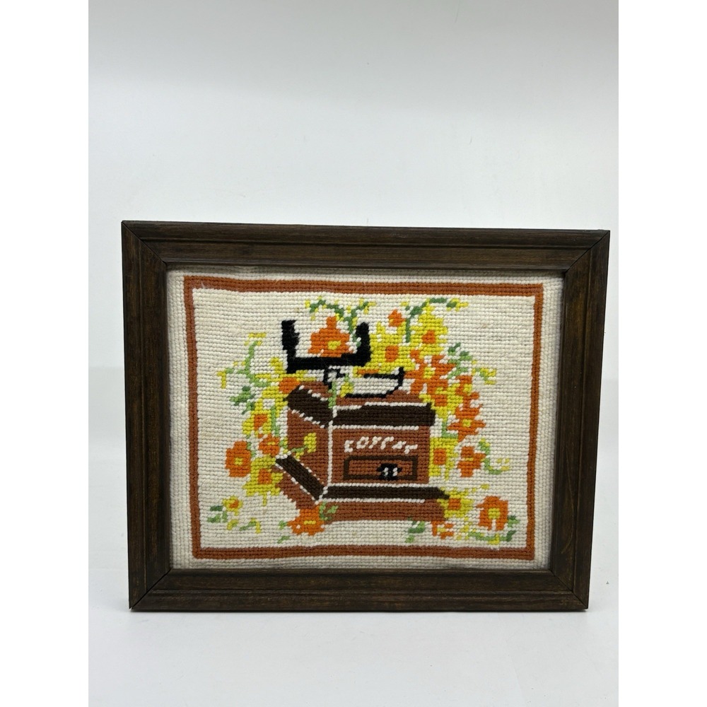 Vtg Coffee Grinder Crewel Artwork Framed Midcentury